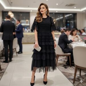 TwotwinStyle Black Ruffle Mesh Polkadot Dress Smocked Tulle Flutter Sleeves Sz M